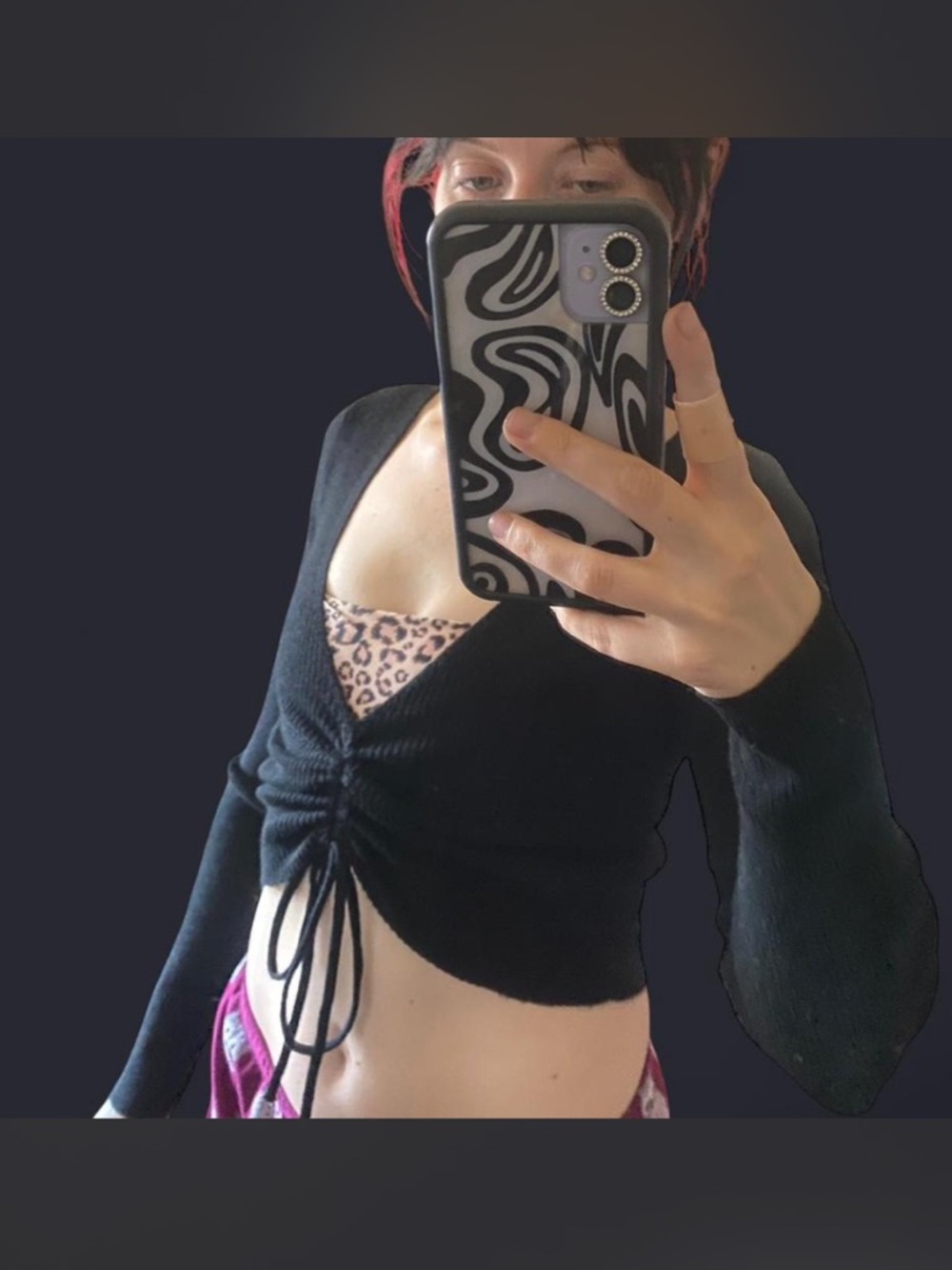 Kendall & Kylie Black Long-Sleeve Ruched Tie-Front Crop Top